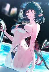 1girls ai_generated alternate_costume animal_ears bikini black_hair blush breasts cleavage female female_only green_eyes highres in_water jane_doe_(zenless_zone_zero) large_breasts long_hair looking_at_viewer mouse_ears mouse_girl mouse_tail navel open_mouth pool smile solo swimsuit tail yoi-koi zenless_zone_zero