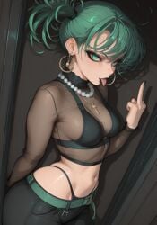 ai_generated bra goth goth_girl green_eyes green_hair makeup mayyreel middle_finger navel necklace one-punch_man panties see-through see-through_clothing small_breasts tatsumaki tongue tongue_out