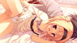 blonde_hair blush bra breasts censored chitose_sana game_cg kobuichi muririn nipples panties penis pussy sex tenshinranman underwear