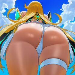 ai_generated alternate_ass_size anus anus_peek apprenticedomini ass ass_focus back back_cutout bare_shoulders blonde_hair blue_sky cameltoe clothing_cutout cloud cloudy_sky commentary day facing_away female female_only from_behind from_below huge_ass img2img inpainted long_hair mons_pubis mythra_(xenoblade) non-web_source novelai outdoors panties pantyshot partially_visible_vulva round_ass shiny shiny_skin skindentation sky solo standing thick_thighs thigh_strap thighs uncensored underwear upskirt very_long_hair wedgie white_panties xenoblade_chronicles_(series) xenoblade_chronicles_2