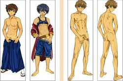 3boys abs ass chest clothing code_geass crossover gouryu kururugi_suzaku male male_only multiple_boys muscle nude pecs penis pubic_hair standing syaoran_li tan tanline teen_boy topless tsubasa_chronicle uncensored undressing yaoi