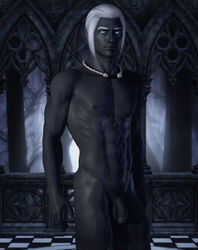 1boy 3d abs black_skin blue_eyes chest color dark_elf drow drow_male elf flaccid front_view hair highres indoors jewelry male male_only muscle necklace nude pecs penis pointy_ears solo standing white_hair