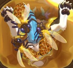 2_horns 4_toes absurd_res anal anal_sex anthro arthropod balls bee big_penis black_body black_pawpads blue_horn blue_penis blue_tongue bodily_fluids bondage bound cum cum_drip double_penetration dragon dripping egg egg_implantation erection eye_roll feet food genital_fluids genital_focus genitals green_eyes hi_res honey_(food) honeycomb horn hymenopteran insect_on_anthro insect_on_penis insect_wings insects kemono knot male mythological_creature mythological_scalie mythology open_mouth oviposition ovipositor pawpads penetration penis penis_focus reclining scalie spread_legs spreading through_honeycomb toes tongue translucent translucent_body urethral urethral_penetration wings xiaoyaozhi