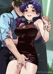 1boy 1girls blush breath brown_eyes dress female female_focus finger_fuck fingering fingering_partner long_hair male medium_breasts misato_katsuragi neon_genesis_evangelion panties purple_hair pussy_juice ryoji_kaji sleeves_rolled_up smile snegovski sweat white_panties wrist_grab