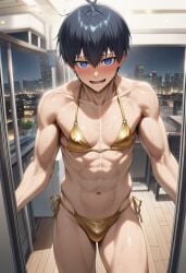 ai ai-created ai_art ai_generated bikini bitch_boy black_hair blue_eyes blue_lock blushed_face blushing blushing_male crossdressing crossdressing_male cute_face cute_male handsome isagi_yoichi male male_focus male_only slutboy swimsuit twink