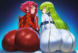 2girls ai_generated apprenticedomini ass ass-to-ass ass_focus back blue_background blue_eyes blunt_ends blush bodysuit breasts c.c. cameltoe closed_mouth code_geass dark_background female female_only from_behind gradient gradient_background green_hair headband huge_ass kallen_stadtfeld large_breasts long_hair long_sleeves looking_at_viewer looking_back mecha_pilot_suit multiple_girls non-web_source novelai pantylines pilot_suit red_bodysuit red_hair red_headband science_fiction short_hair side-by-side sitting skin_tight smile straitjacket white_bodysuit yellow_eyes