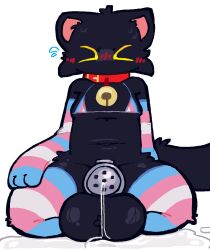 1dickgirl anthro big_penis_in_chastity bikini black_body black_fur blush bodily_fluids breasts cage chastity_cage chastity_device closed_eyes clothing dickgirl domestic_cat felid feline felis fur furry genital_fluids gynomorph hi_res huge_balls intersex kneeling leaking_precum lgbt_pride mammal mewzbloom precum precum_through_chastity_cage pride_colors simple_background solo swimwear trans_(lore) transgender_pride_colors two-piece_swimsuit