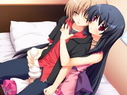 anekano black_hair brown_hair embrace female game_cg long_hair male male/female masturbation moo noyama_ringo noyama_sakura penis red_eyes