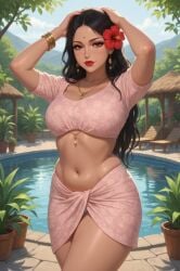 1girls adjusting_hair ai_generated bangle belly_button bindi black_hair blouse busty caramel-skinned_female earrings female female_only flower_in_hair hair_over_shoulder hair_strand hands_on_head hibiscus hourglass_figure indian indian_clothes indian_female long_hair looking_at_viewer loose_hair lounge_chair midriff nature_background necklace pattern_clothing pink_clothing poolside potted_plant resort rgomez007 sarong seductive_look self_upload short_sleeves skirt solo_female stable_diffusion swimming_pool swimsuit thick_eyelashes thick_thighs wide_hips