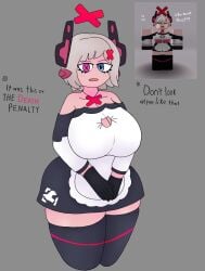 1girls big_breasts big_butt black_thighhighs breasts cleavage_cutout clothed clothing dialogue dr._xenon english_text female female_only gloves maid maid_uniform missingnok off_shoulder pink_skin reference_image roblox roblox_avatar roblox_game robloxian short_hair silver_hair standing tagme text thick_thighs thighhighs thighs tower_defense_x