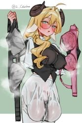1futa ahoge animal_ears balls_bigger_than_penis big_balls_small_penis black_bra black_shirt blonde_hair blush bra breasts clothed clothing commentary_request covered_nipples covered_penis covered_testicles cowboy_shot disproportionate_genitalia female fully_clothed futa_only futanari gigantic_testicles glasses goat_ears goat_horns green_eyes hair_intakes highres holding holding_bra holding_underwear holding_unworn_clothes horns humanoid humanoid_penis kemonomimi lactation lactation_through_clothes large_breasts light-skinned_futa light_skin long_hair long_sleeves mirin_chikuwa no_bra open_clothes original oversized_balls pants parted_lips penis pink_bra precum precum_through_clothing round_eyewear see-through_clothes shirt solo standing steaming_body testicles underwear unworn_bra white_pants