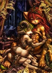 2boys abs ass blush crystal curly_hair cute_fang food fruit furry green_hair hair_ornament hooves horns jewelry katzeh knife leaf licking long_hair looking_at_viewer lying male moon multi_nipple multiple_boys muscle night nipples plant red_eyes red_hair ribs saliva slit_pupils testicles tree yaoi