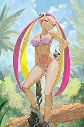 1girls bikini blonde_hair breasts commentary_request female female_only ganguro gluteal_fold gyaru long_hair looking_at_viewer medium_breasts multicolored_hair navel nintendo plumeria_(pokemon) pokemon pokemon_sm purple_bikini purple_hair slit_pupils solo stomach stripping swimsuit tan-skinned_female tan_skin team_skull very_long_hair yellow_eyes yugen99