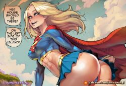 1girls abs ai_generated amadeus_v artist_name ass blonde_hair blue_eyes blush bottomwear breasts camel_toe cape clothed clothing cloud covered_nipples crop_top day dc_comics dialogue english_text female female_only futa_on_female futa_with_female hair large_breasts long_hair midriff miniskirt muscular muscular_female open_mouth outdoors panties patreon_logo patreon_username red_cape skirt sky smile solo speech_bubble supergirl superhero tagme teeth text underwear wonder_woman