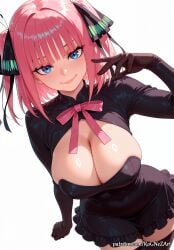 1girl 2026 ai_generated anime bangs black_dress black_gloves black_ribbon black_thighhighs blue_eyes blunt_bangs blush boobs bow breasts butterfly_hair_ornament cleavage cleavage_cutout closed_mouth clothing_cutout crossover dress elbow_gloves eye_contact female female_focus flushed frilled_dress gloves go-toubun_no_hanayome hair_accessory hair_ornament hair_ribbon handwear highres huge_breasts large_breasts looking_at_viewer nakano_nino neutral_expression nsfw patreon pink_hair ribbon rognezart short_hair simple_background smile smiling solo thighhighs two_side_up white_background