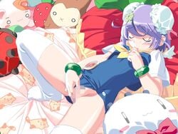 1girls blush bracelet censored closed_eyes clover finger finger_in_mouth fingering flat_chest jewelry legs masturbation mii_(popotan) mouth one-piece_swimsuit popotan poyoyon_rock purple_hair school_swimsuit solo spread spread_legs stuffed_animal stuffed_toy swimsuit thighhighs watanabe_akio wings