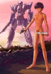 abs barefoot bruise bruises casual character_request chest circumcised dark_skin exhibition exhibitionism firearm flaccid full_metal_panic gun handgun highres human injury male male_only mecha muscle nipples nude pecs penis pistol rope_burn ruins solo sousuke_sagara standing takenokoya weapon