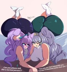 2girls animal_ears ass ass_to_ass big_ass big_breasts bottom_heavy bragging brainrot breasts bubble_butt clothing dialogue fat_ass female female_only gold_ship_(umamusume) horse_girl huge_ass large_ass looking_at_each_other massive_ass mejiro_mcqueen_(umamusume) purple_hair purple_tail sebs_i_art tail text thick_ass thick_thighs thunder_thighs umamusume white_hair white_tail wide_hips