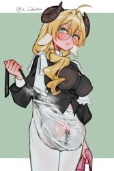 1futa ahoge animal_ears ball_bra balls_bigger_than_penis big_balls_small_penis black_bra black_shirt blonde_hair blush bra breasts closed_mouth clothed clothing commentary_request covered_nipples covered_penis covered_testicles cowboy_shot disproportionate_genitalia female fully_clothed futa_only futanari gigantic_testicles glasses goat_ears goat_horns green_eyes hair_intakes highres holding holding_bra holding_underwear holding_unworn_clothes horns humanoid humanoid_penis kemonomimi large_breasts light-skinned_futa light_skin long_hair long_sleeves mirin_chikuwa no_bra open_clothes original oversized_balls pants penis pink_bra precum precum_through_clothing removing_bra round_eyewear see-through_clothes shirt solo standing steaming_body testicles underwear unworn_bra white_pants