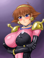 1girls 2010 ameoto areolae artist_request big_breasts blush bodysuit breast_hold breasts brown_hair crossed_arms curvaceous elbow_gloves erect_nipples female formal g_gundam gloves gundam hairband highres human large_breasts latex light-skinned_female light_skin mobile_trace_suit pilot_suit rain_mikamura short_hair solo suit