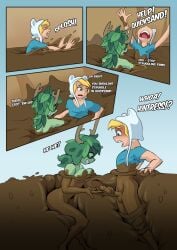 adventure_time blazera blonde_hair branch_horns breast_press breasts bubble calling_for_help canyon comic comic_page completely_nude dialogue distracted excited excited_smile female finn_the_human green_skin huntress_wizard male masturbating masturbating_other mud mud_bubble mud_covered muddy nude nude_female outdoors quicksand screaming_for_help simple_background sinking smiling struggling undressing_another