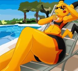 aeltrix anthro ass big_ass big_booty_pikachu big_butt femboy furry lying_on_back male male_only pikachu pokemon pool poolside shorts skin_tight solo sunglasses tail tank_top video_games