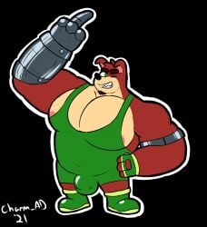 1boy 2021 anthro bandicoot bara black_background bulge charmcharmcharm crash_(series) crunch_bandicoot dated gay male male_only marsupial muscular nipples robotic_arm simple_background solo video_games white_outline wrestling_outfit yaoi