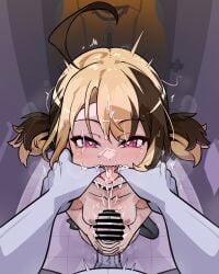 1boy ahoge bar_censor censored cum cum_on_body facial female finger_in_another's_mouth gigi_murin heart heart-shaped_pupils highres hololive hololive_english light_blush moral_cacoethes multicolored_hair nude purple_eyes sharp_teeth symbol-shaped_pupils teeth virtual_youtuber