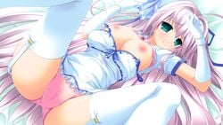 bed breasts game_cg green_eyes long_hair nipples panties pink_hair tagme thighhighs tiny_dungeon underwear