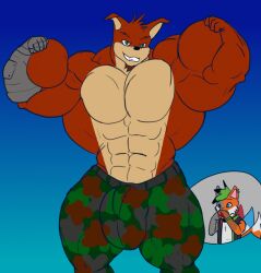 2019 2boys blue_background bulge camo_print crash_(series) crunch_bandicoot dj-tigerfox flexing gay male male_only muscular robotic_arm simple_background sonicgamer_(artist) video_games yaoi