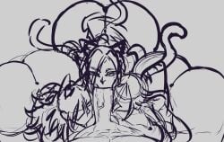 1boy 3girls bleach blowjob female_dominating_male fuku_(humble_shark) ghislaine_dedoldia humble_shark multiple_girls mushoku_tensei oc original_character shihouin_yoruichi unfinished voluptuous voluptuous_female work_in_progress
