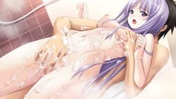 breast_grab breasts censored fingering game_cg hatsukoi_sacrament nipples nude purple_eyes purple_hair purple_software pussy shower tagme wet