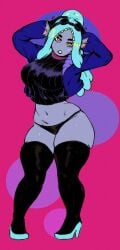 belly_button big_breasts black_panties brave_animated_series breasts busty busty_female clothed clothed_female exposed_midriff female female_only fish_girl fish_humanoid hips hourglass_figure hourglass_figured_female huge_breasts large_breasts midriff navel panties pink_eyes redblacktac sexy sexy_pose thick_thighs thighhighs thighs turquoise_hair voluptuous voluptuous_female water_demon_(brave_animated_series) wide_hips