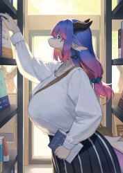 1girls female female_only solo lcshian lanya_(lcshian) dragon wingless_dragon hi_res anthro backpack big_breasts blue_eyes book bookshelf bottomwear breasts clothing curvy_figure detailed_background ears_down furniture hair horn huge_breasts long_skirt non-mammal_breasts pivoted_ears purple_body purple_hair shirt side_view skirt topwear white_clothing white_shirt white_topwear 2026
