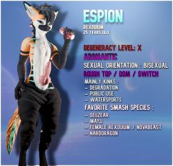 3d_(artwork) animal_genitalia animal_penis anthro armwear blender_(artwork) border bottomwear canid canine canine_genitalia canine_penis clothing digital_media_(artwork) elbow_gloves erection fox fur genitals gloves hair handwear hi_res lill_esp lill_espion looking_at_viewer male mammal model_sheet monster_energy nude oversized_bottomwear oversized_clothing oversized_pants pants penile penis rexouium simple_background solo tail