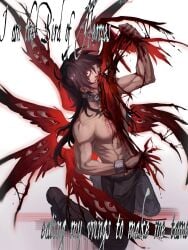 1boy 454dual alucard_(hellsing) belt black_hair black_pants black_shoes blood blood_on_arm blood_on_chest blood_on_mouth cannibalism collar commentary eating english_text extra_eyes eyes_on_wings full_body guro hellsing highres horror_(theme) kneeling long_hair looking_at_viewer male_focus metal_collar metal_wrist_cuffs no_shirt one_eye_covered pants red_eyes red_wings self-cannibalism shoes simple_background single_wrist_cuff solo source_quote too_many_eyes too_many_wings vampire white_background wing_biting wings wrist_cuffs