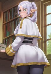 ai_generated apprenticedomini arm_at_side ass bangs black_pantyhose blush book book_stack bookshelf breasts capelet closed_mouth curvy dangle_earrings dress drop_earrings earrings elf european_architecture eyebrows_visible_through_hair fantasy female female_only frieren from_behind green_eyes hair_over_shoulder hand_on_table huge_ass img2img indoors inpainted jewelry legs_together lips long_hair long_sleeves looking_at_viewer looking_back medium_breasts narrow_waist non-web_source novelai pantyhose parted_bangs pointy_ears red_earrings shelf short_eyebrows solo sousou_no_frieren standing table thick_eyebrows thick_thighs thighs twintails white_capelet white_dress white_hair wide_hips window