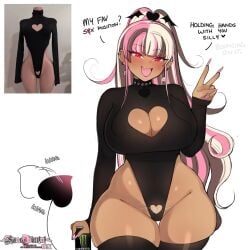 1girls big_breasts blonde_hair blush brown_hair cinnabus cleavage_cutout dark-skinned_female dark_skin dialogue earrings english_text female female_only hime_nini_(succubunini) indie_virtual_youtuber large_breasts leotard long_hair looking_at_viewer monster_energy monster_energy_can open_mouth original pink_hair pink_nails ponytail pubic_hair red_eyes reference_image smiling smiling_at_viewer solo speech_bubble succubunini succubus succubus_tail tail tail_wagging talking_to_viewer text thick_thighs thighhighs three-tone_hair v_sign virtual_youtuber white_background white_pubic_hair wide_hips