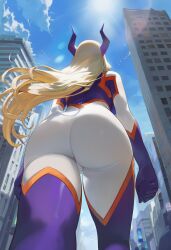ai_generated apprenticedomini arms_at_sides ass ass_focus back backboob big_ass blonde_hair blue_sky blurry blurry_background bodysuit boku_no_hero_academia breasts building city cityscape close-up cloud cloudy_sky day depth_of_field facing_away fake_horns female female_only floating_hair foreshortening from_behind from_below giant giantess gloves horns huge_ass img2img inpainted large_breasts lens_flare long_hair mount_lady multicolored_bodysuit multicolored_clothes non-web_source novelai orange_trim outdoors purple_bodysuit purple_gloves purple_horns skin_tight sky skyscraper solo sun sunlight superhero superhero_costume superheroine thick_thighs thighs tight two-tone_bodysuit white_bodysuit wind