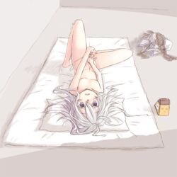 1girls blush caught clock clothes_on_floor clothes_removed female fingering flat_chest futon long_hair lying masturbation nipples nude on_back open_mouth original pantyhose pantyhose_removed pillow purple_eyes r-sylph silver_hair solo spread_legs trembling