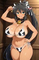 ai_generated cow_bell cow_ears cow_horns cow_print ear_tag fist homura_(senran_kagura) huge_breasts mouth_open ponytail senran_kagura smiling standing tan