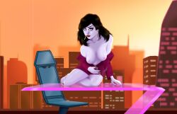 1girl 1girls bare_legs bare_shoulders barefoot barely_clothed big_breasts black_hair black_nails breasts_out cigar city earrings gold_earrings gold_jewelry hair_on_shoulder jacket leaning_forward long_hair moonbeam_city nice_view office office_clothing on_desk on_table pale-skinned_female pale_skin pizzaz_miller presenting presenting_breasts red_lipstick reflection retrowave royalforcemeat sexy sexy_pose smoking supporting_body_with_arms thick_thighs