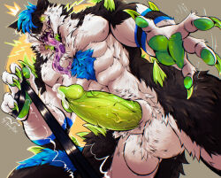 4_fingers abs animal_genitalia animal_penis anthro aroused balls big_penis black_body black_fur black_leash blue_hair blue_markings bodily_fluids canine_genitalia canine_penis claws colored digital_drawing_(artwork) digital_media_(artwork) ear_piercing erection eye_scar facial_scar fangs fingers fluffy forked_tongue fur genital_fluids genitals glowing glowing_eyes green_claws green_pawpads green_penis hair hi_res holding_leash holding_object honeypie~ leash long_tongue male markings multicolored_body multicolored_fur muscular nude open_mouth pawpads pecs penis piercing precum saliva scar sergal shaded sheath short_hair snout solo spikes spikes_(anatomy) sweat sweaty_genitalia sweaty_penis tail teeth tongue vein veiny_penis white_body white_fur