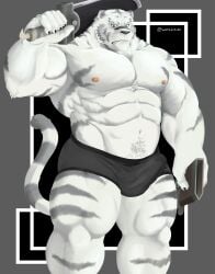 1boy abs absurdres animal_ears artist_name bara biceps black_male_underwear blush boxers bulge closed_mouth commentary_request covered_testicles erection erection_under_clothes furry furry_male highres holding holding_sheath holding_sword holding_weapon looking_down male_focus male_underwear mercenary_(zero_kara_hajimeru_mahou_no_sho) muscular muscular_male navel nipples over_shoulder pectorals penis sheath sword sword_over_shoulder tail tiger_boy tiger_ears tiger_stripes tiger_tail topless_male twitter_username underwear warabi_mochi_(warabisuke) weapon weapon_over_shoulder white_fur zero_kara_hajimeru_mahou_no_sho