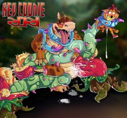 2021 2boys anthro balls bandicoot blurry_background crash_(series) crash_bandicoot cum dated dingodile erection fellatio furry gay male male_only man-eating_plant_(crash_series) marsupial penis plant redcoonie video_games yaoi