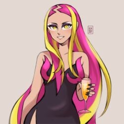 1girls absurdres alternate_hairstyle black_nails blonde_hair champagne_flute cup dark-skinned_female dark_skin dress drinking_glass eyeshadow facing_viewer female female_only ganguro gyaru hair_down highres long_hair looking_at_viewer makeup multicolored_hair nail_polish nintendo pink_hair plumeria_(pokemon) pokemon pokemon_sm rinkuu_art rinkuuart side_slit smile solo tan tan-skinned_female tan_skin tanline team_skull two-tone_hair upper_body yellow_eyes