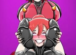 2girls 3072_ad ahe_gao aroused aroused_face ash_(3072_ad) blush breasts_bigger_than_head encasement full_body_bondage full_body_suit large_breasts permanent permanent_bondage red_hair short_hair simple_background smile