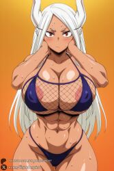 1female 1girls 2026 abs ai_generated animal_ears areola_slip artist_name ass_visible_through_thighs bangs big_ass big_breasts bikini blush breasts cleavage closed_mouth covered_nipples curvy dark-skinned_female dark_skin female female_only fishnets gradient gradient_background hi_res high_quality high_resolution highleg highres huge_ass huge_breasts large_breasts long_hair looking_at_viewer mirko miruko muscular muscular_female navel orange_background parted_bangs patreon patreon_username rabbit_ears rabbit_girl red_eyes solo sweat swimsuit thighs unjobdespiert usagiyama_rumi watermark web_address white_hair