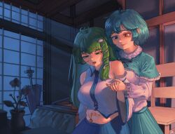 2girls absurdres ahoge antenna_hair aqua_capelet aqua_skirt azoth_the_devil azothean bare_shoulders belly_grab blue_eyes blue_hair blue_skirt breasts capelet coin coin_on_string commission detached_sleeves female female_only females_only frog frog_hair_ornament green_eyes green_hair groin hair_ornament hair_tubes hand_on_another's_stomach heterochromia highres hippppo holed_coin hypnosis implied_pregnancy indoors inmon karakasa_obake kochiya_sanae kogasa_tatara large_breasts long_hair long_sleeves looking_at_another medium_breasts midriff miko miko_outfit mind_control moonlight multiple_girls navel open_mouth plant plump potted_plant puffy_sleeves red_eyes sanae_kochiya shirt short_hair shouji shrine_maiden signature skirt sliding_doors smile snake snake_hair_ornament tatara_kogasa touhou touhou_project tsukumogami umbrella vest white_shirt wide_sleeves window youkai yuri