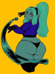 redblacktac water_demon_(brave_animated_series) brave_animated_series female female_only solo solo_female ass ass_focus big_ass thick_ass large_ass huge_ass ass_bigger_than_head thick thick_thighs panties back_view thighhighs water waterbending fish_girl fish_humanoid looking_at_viewer looking_back looking_back_at_viewer fins pink_eyes turquoise_hair